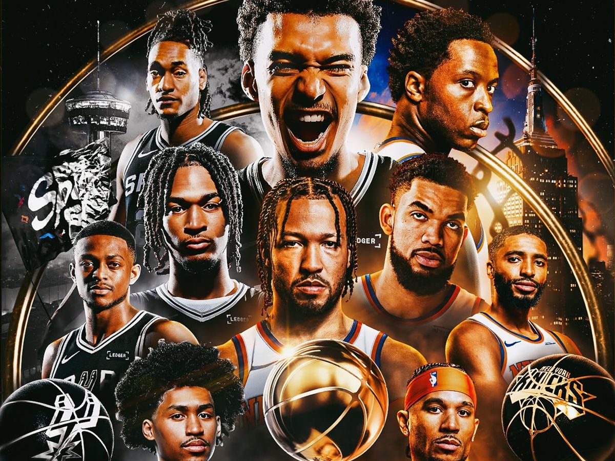 A dramatic NBA promotional collage of San Antonio Spurs and New York Knicks players over city skylines, with a golden basketball.