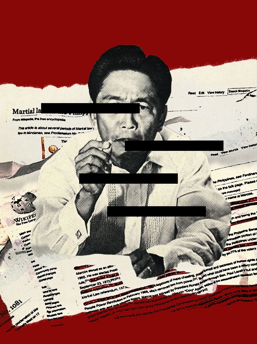 Collage key art for the feature “How to Whitewash a Dictator,” referencing Ferdinand Marcos.