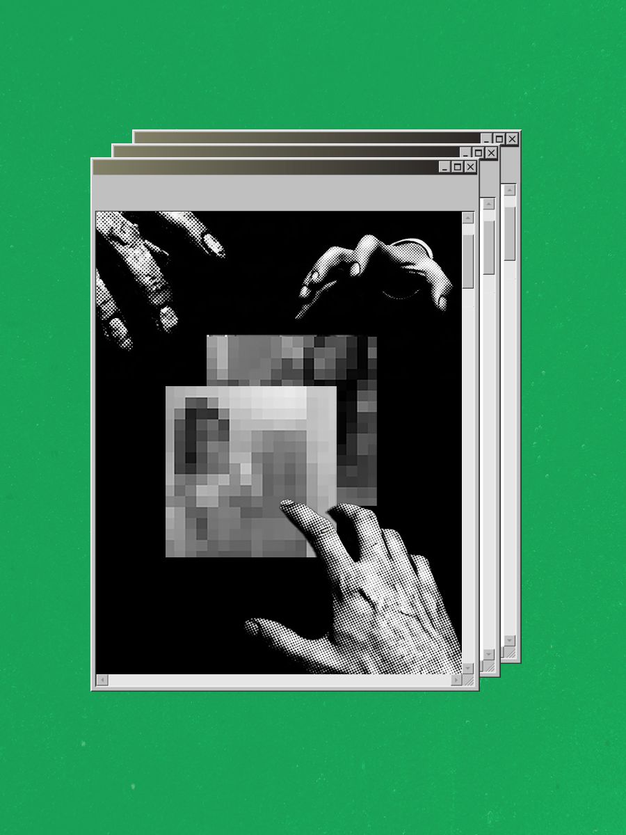 Halftone hands reaching toward pixelated images inside retro computer windows, for “A Pulpit for Pastors of Porn.”