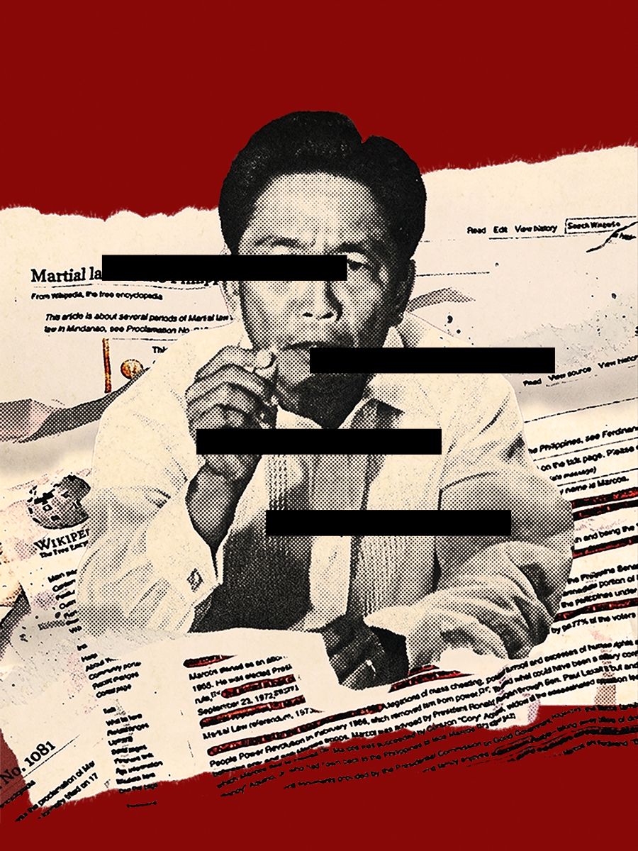 Ferdinand Marcos collaged over a redacted Wikipedia “Martial law” article, for “How to Whitewash a Dictator”